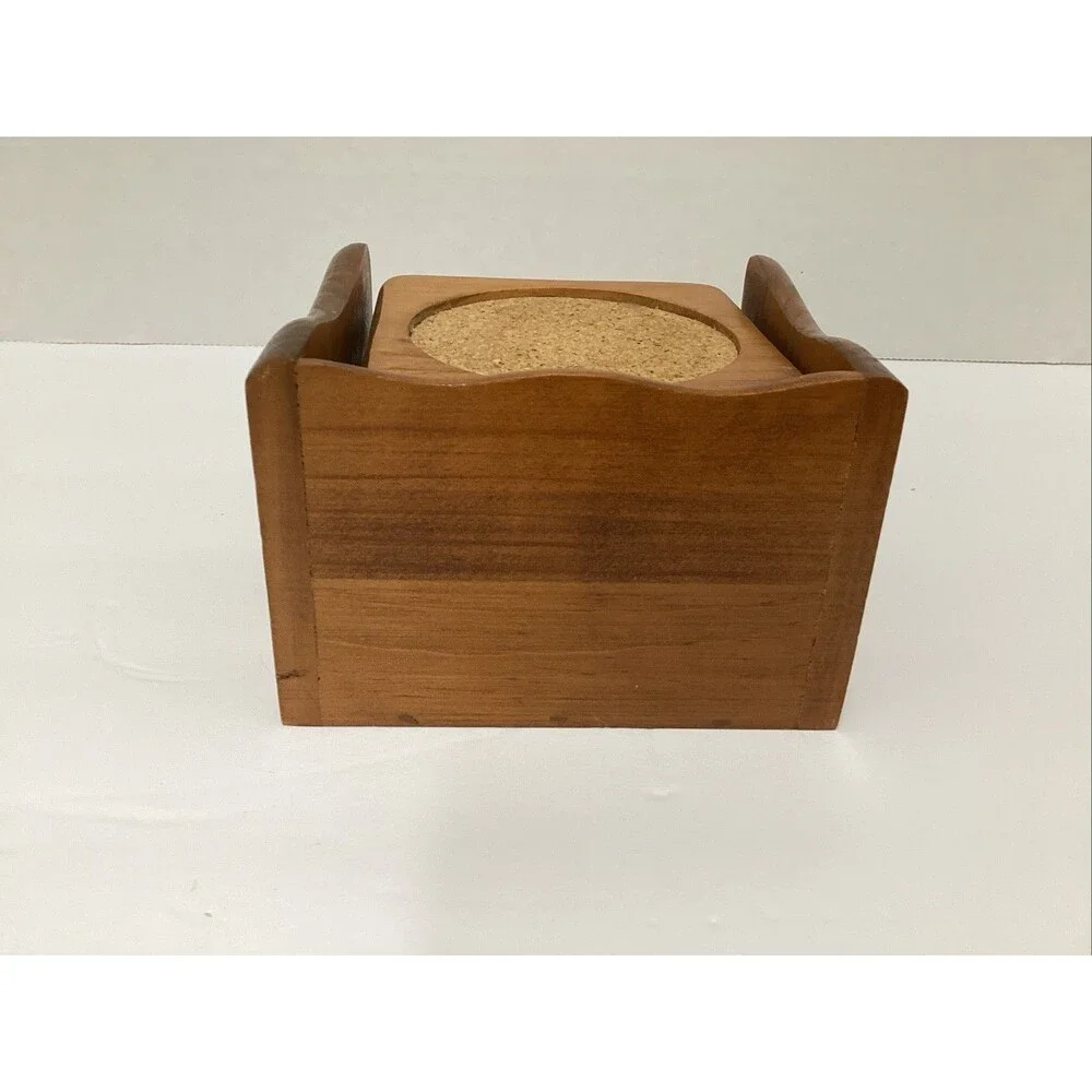 kamenstein coaster set 6 piece wooden cork w/holder MCM retro